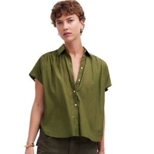 Madewell Cap-Sleeve A-Line Lightweight Cotton Blend Top in Olive Green Size M